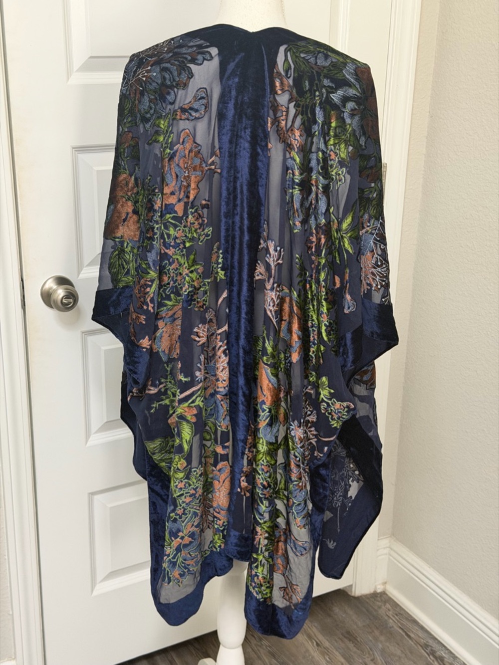 NATURAL LIFE Navy Sheer Floral Kimono with Green and Brown Floral Embroidery